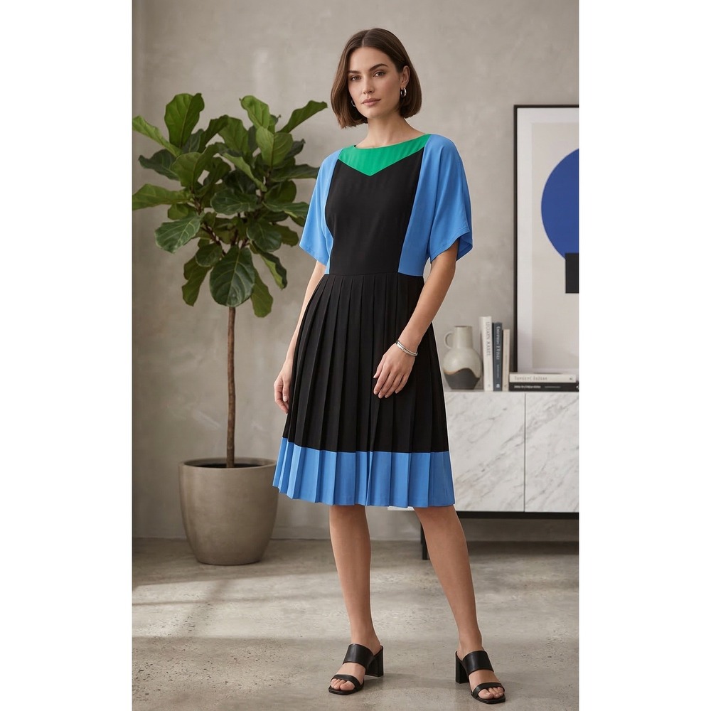 Y2K Escada Colorblock Pleated Dress‎ Women's Size 46 Party Flare Knee Length